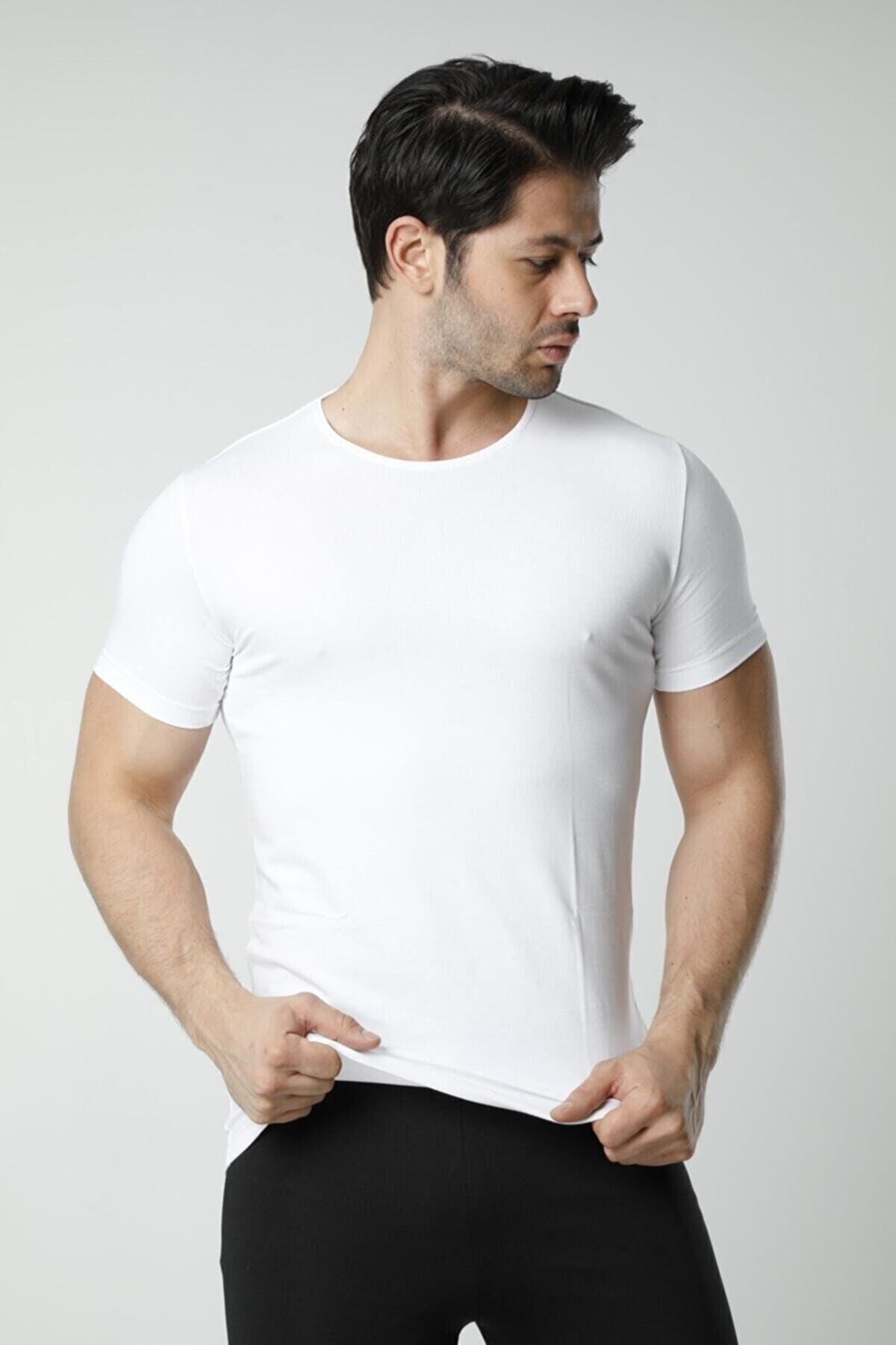 Pamuklu Likralı Bisiklet Yaka Atlet HMD 704 - Beyaz