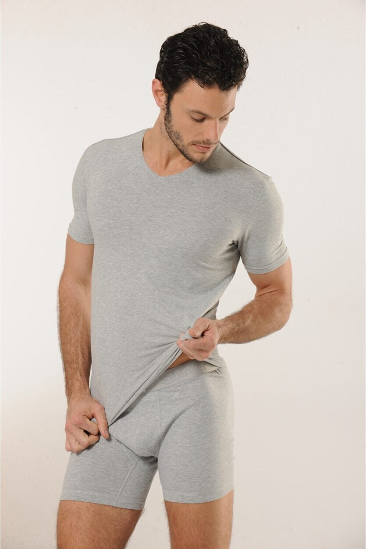 Pamuk Elastan V Yaka Erkek Atlet HMD 703 - Gri