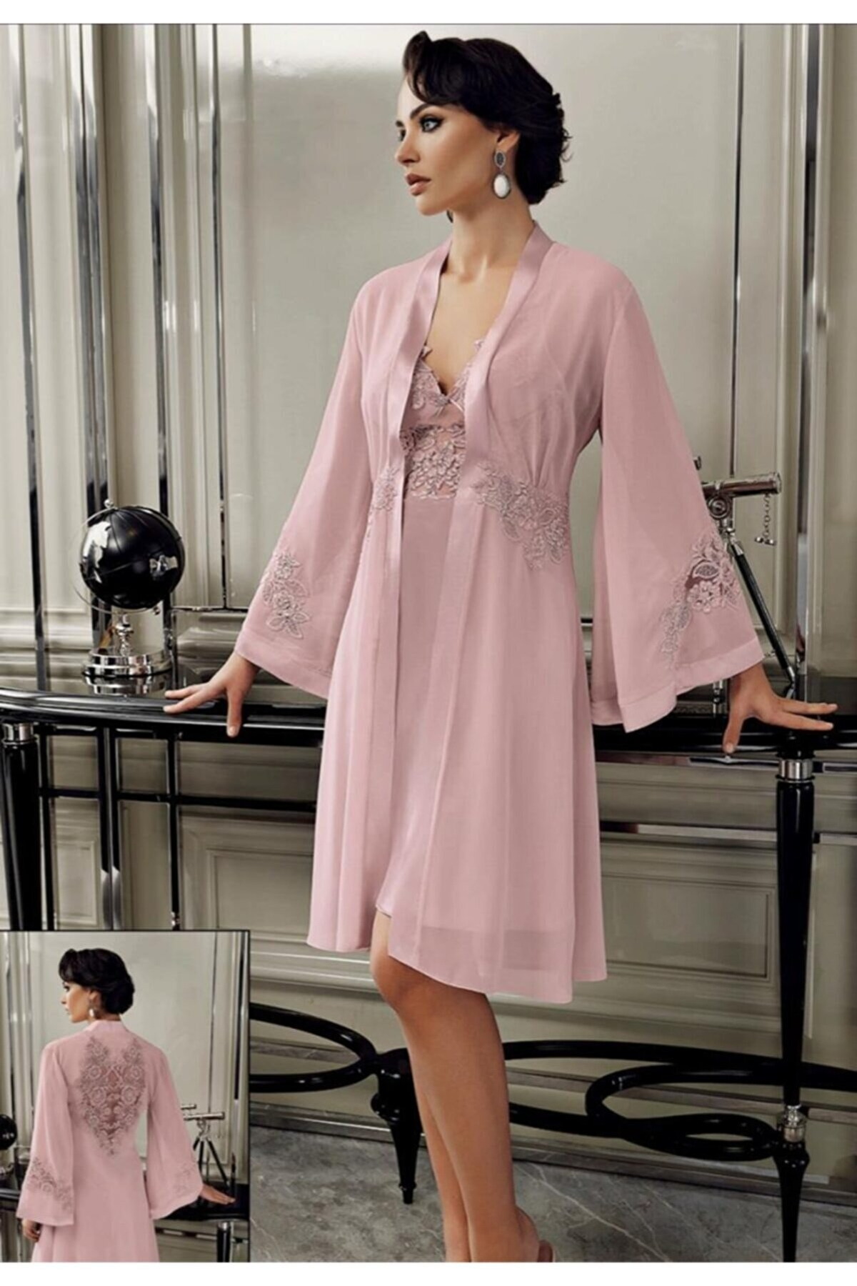 Güpürlü Poliamid Saten Gelin Çeyiz Seti Perin 9400 - Pudra