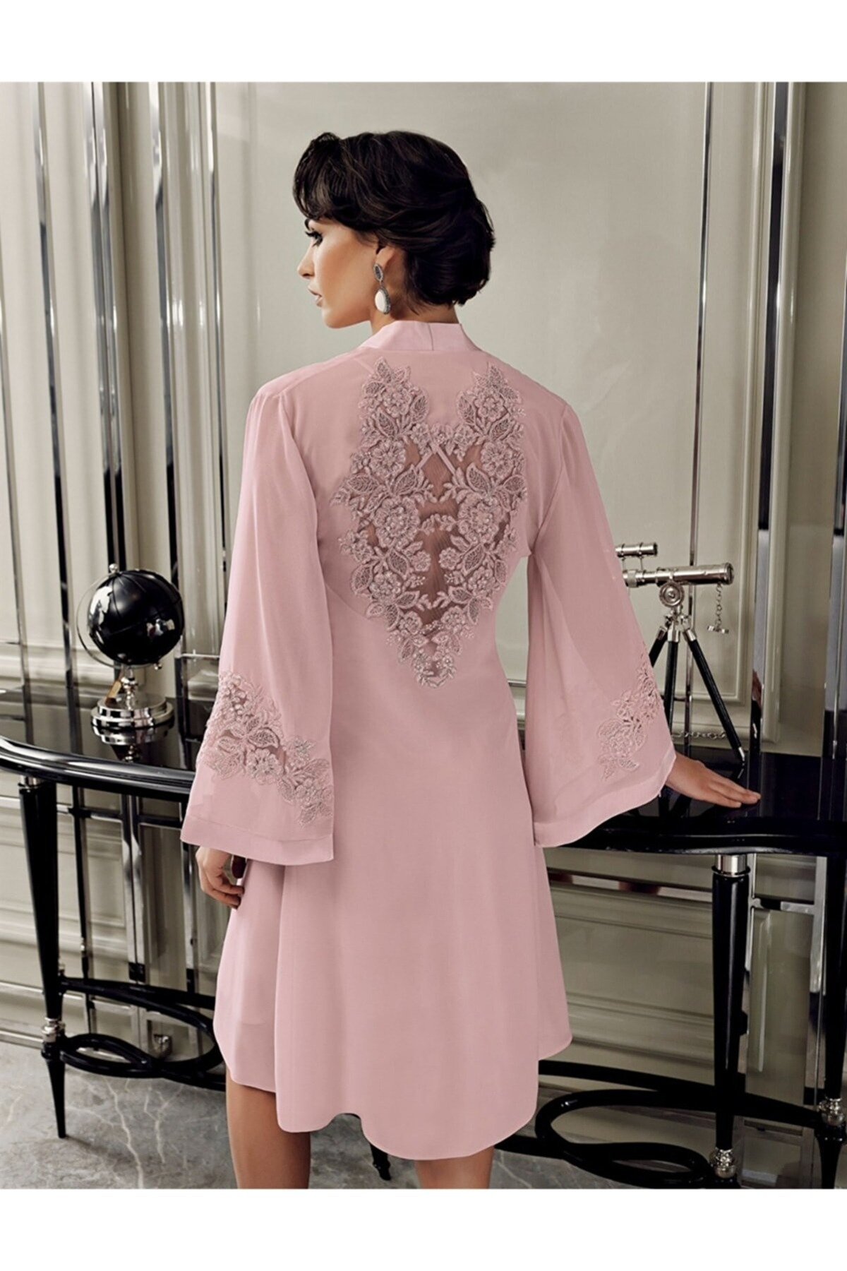 Güpürlü Poliamid Saten Gelin Çeyiz Seti Perin 9400 - Pudra