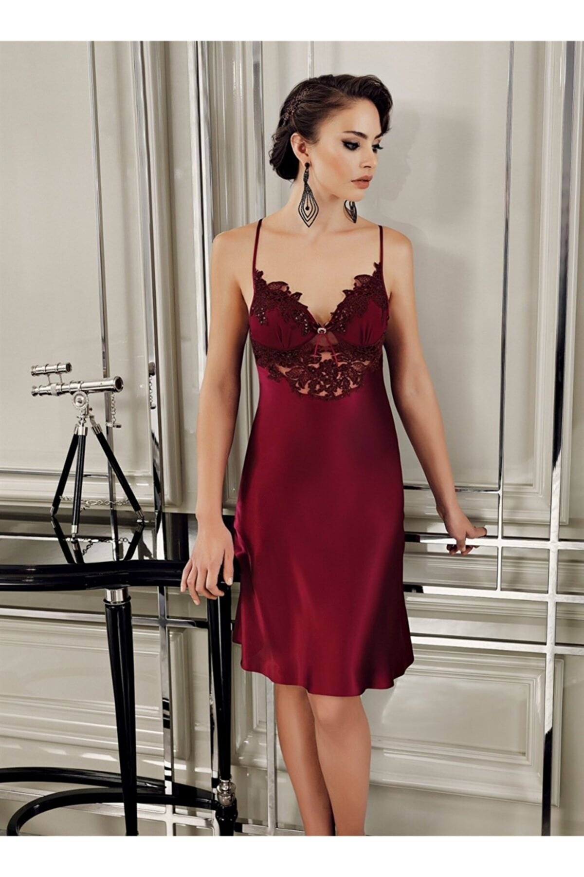 Güpürlü Poliamid Saten Gelin Çeyiz Seti Perin 9400 - Bordo