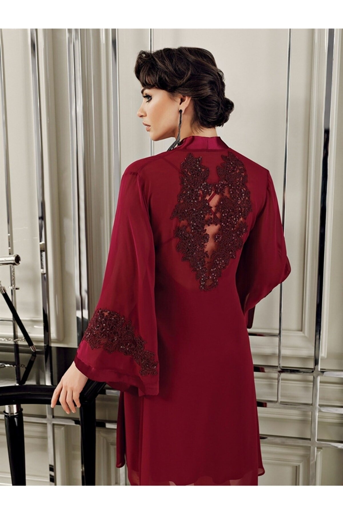 Güpürlü Poliamid Saten Gelin Çeyiz Seti Perin 9400 - Bordo