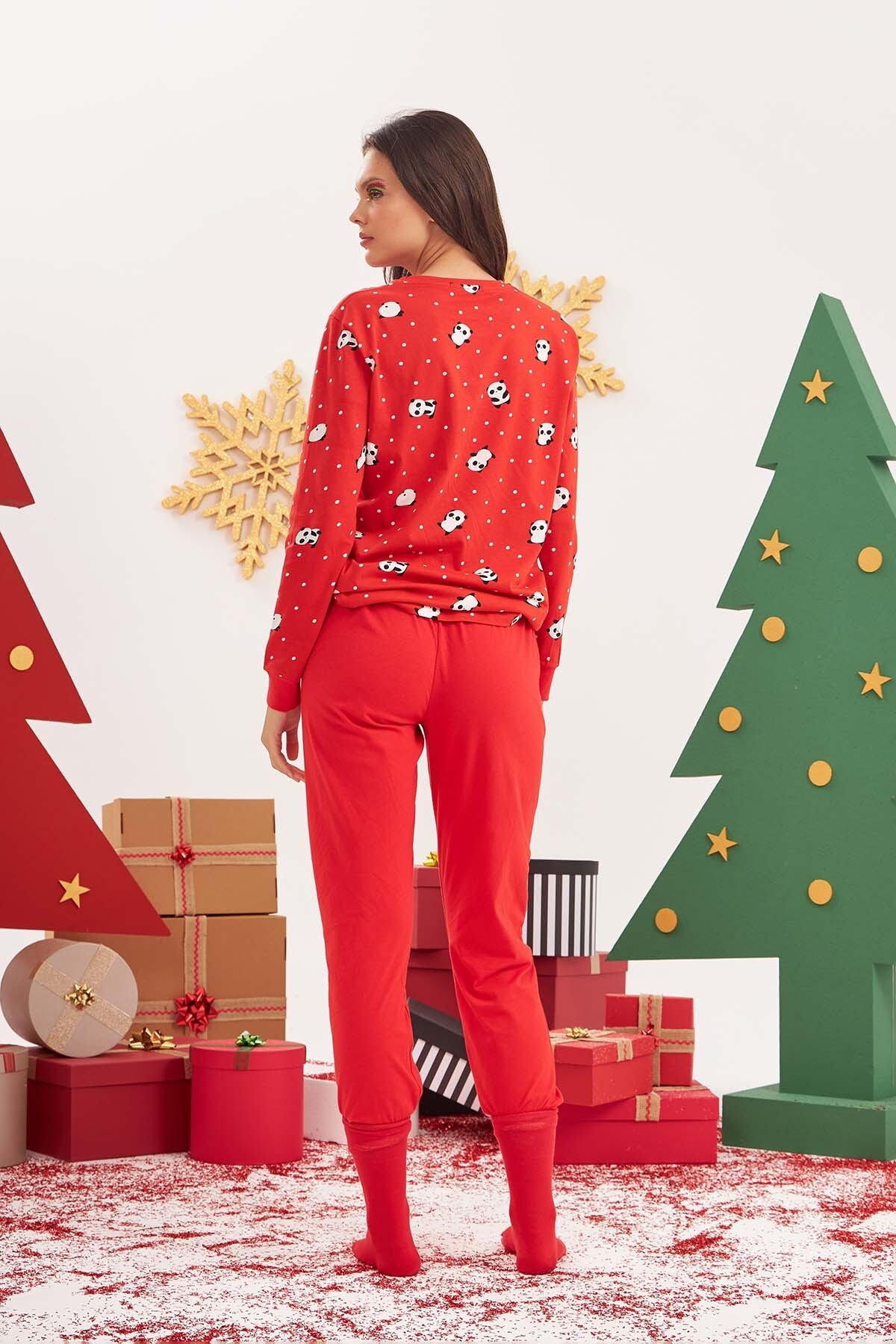 NBB Pamuklu Kırmızı Puantiyeli Pandalı Kadın Pijama Takımı NBB 67656 - Görsel 3