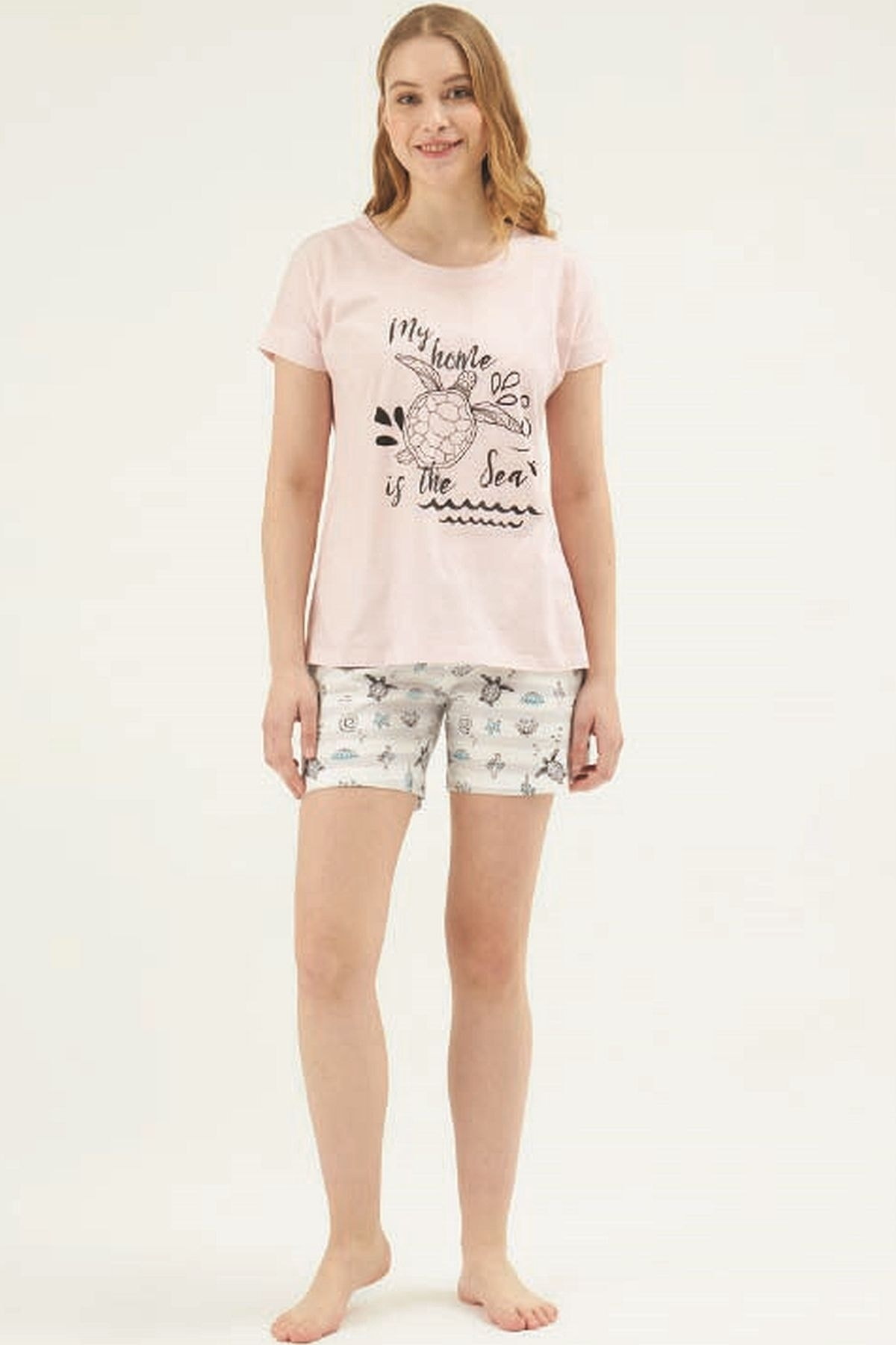 Eros Kısa Kollu Kaplumbağa Baskılı Şortlu Kadın Pijama Takımı Eros 30612