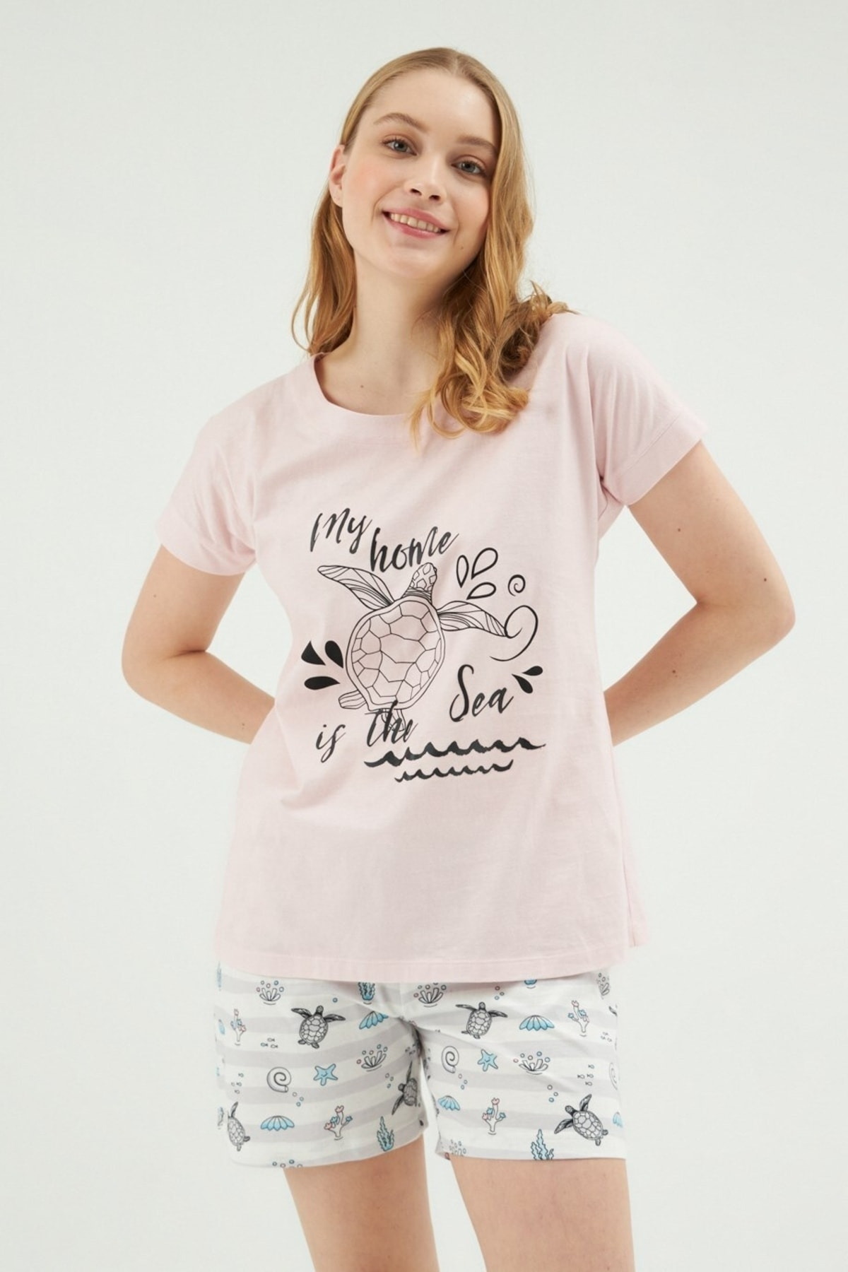 Eros Kısa Kollu Kaplumbağa Baskılı Şortlu Kadın Pijama Takımı Eros 30612 - Görsel 2