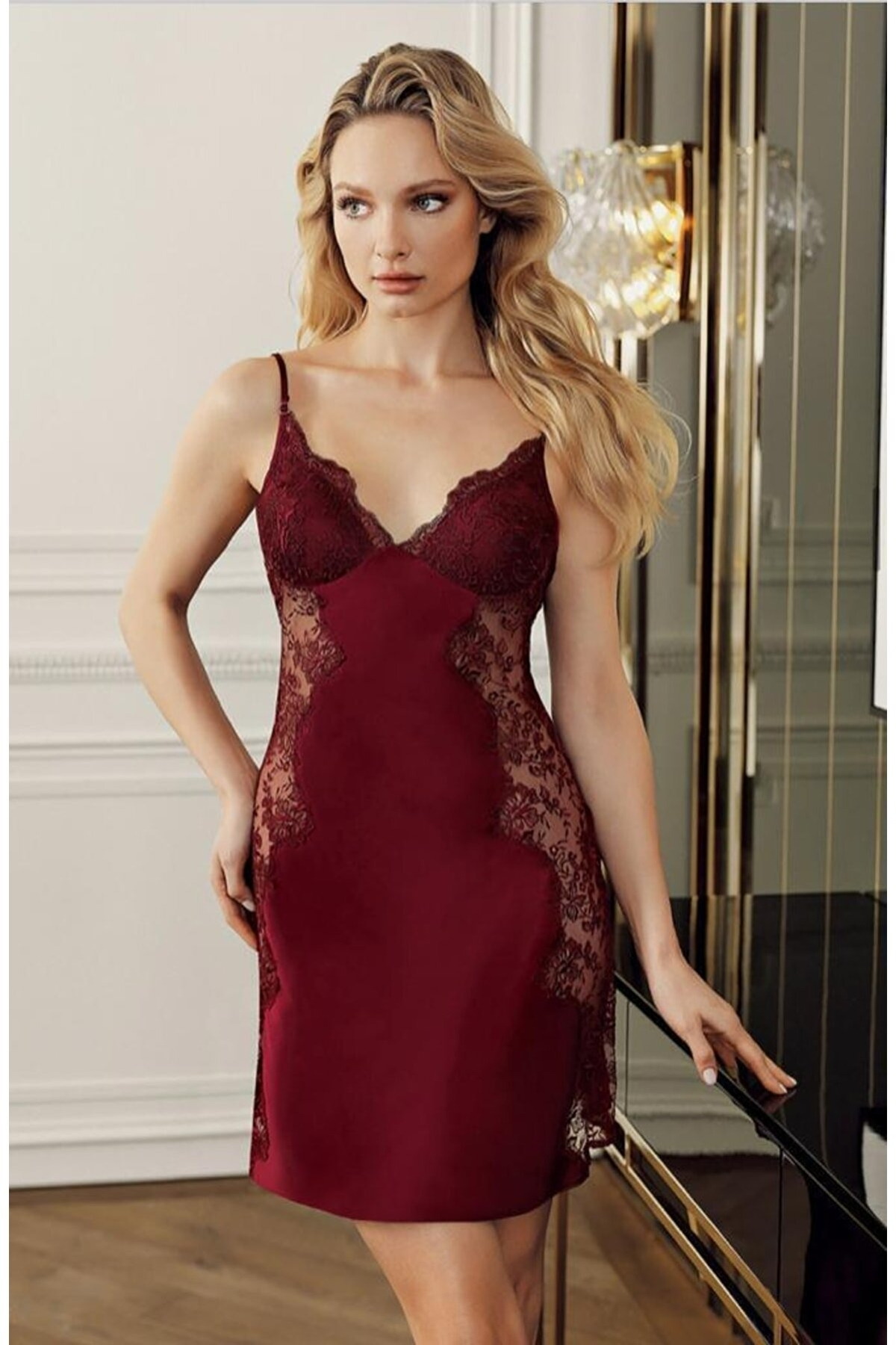 Kısa Saten Gecelik Sabahlık Seti Pembe Somon Perin 4015 - Bordo