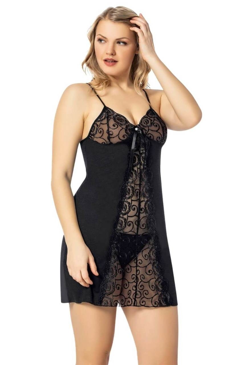 Transparan Üst Detaylı Fantazi Gecelik Takım Kota 6338 - Siyah