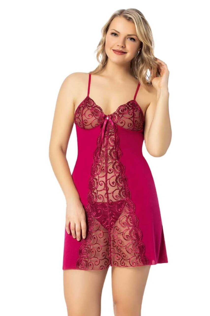 Transparan Üst Detaylı Fantazi Gecelik Takım Kota 6338 - Vişne