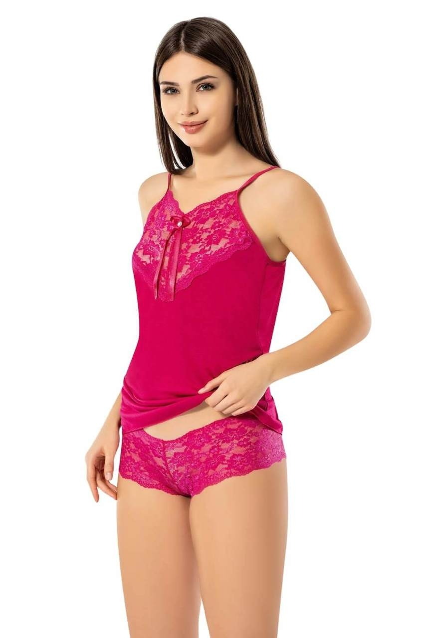 Dantel Detaylı Şortlu Kadın Gecelik Takım Kota 6367 - Vişne
