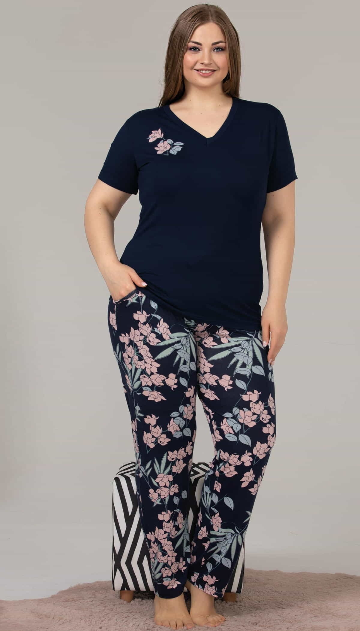 Lady Lacivert Büyük Beden Uzun Kollu Pijama Takımı Lady 10842 - Görsel 2