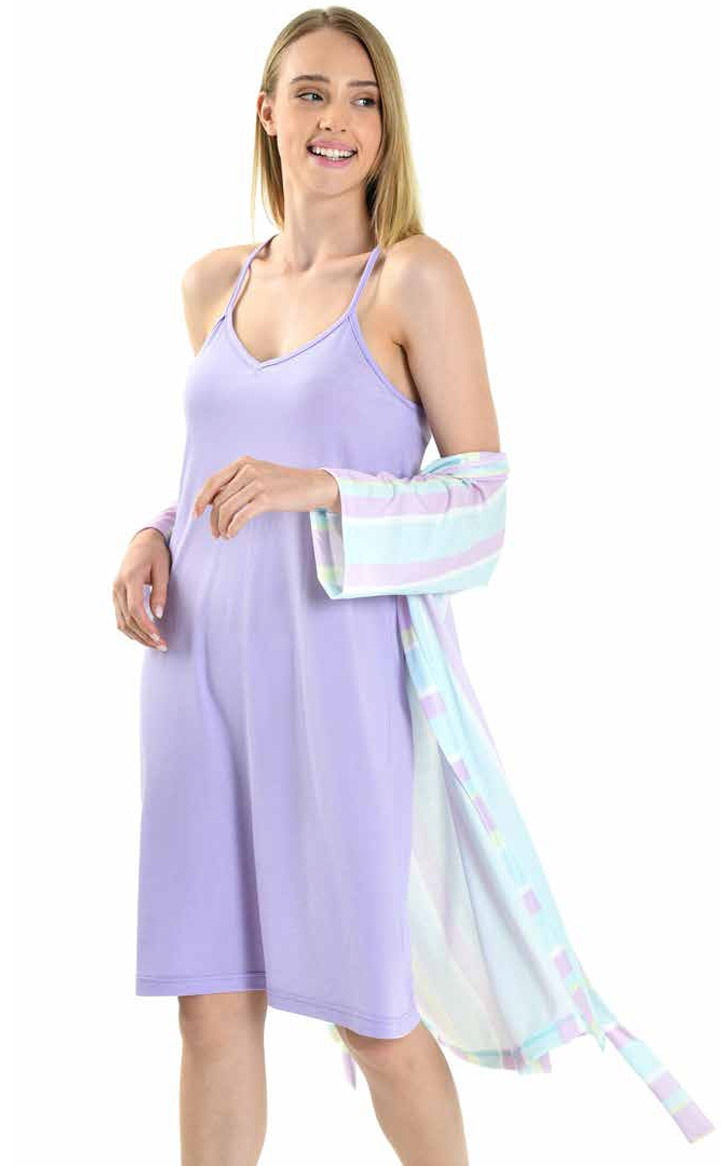 Yeni İnci Lila Viskon Kısa Kollu Gecelik Sabahlık Takım Yeni İnci 1835