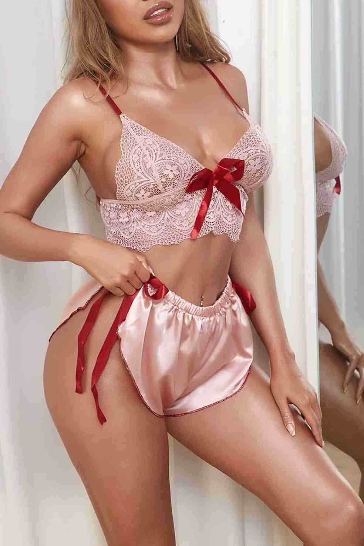 Merry See Dantelli Saten Şortlu Takım Pembe MS3251 - Pembe
