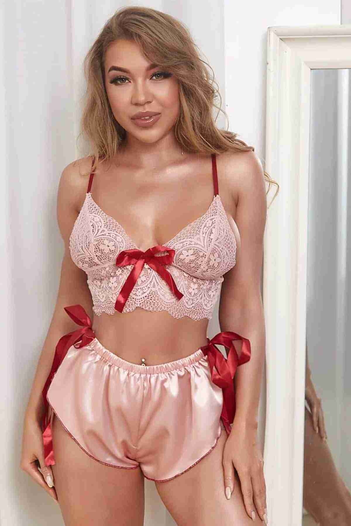 Merry See Dantelli Saten Şortlu Takım Pembe MS3251 - Pembe