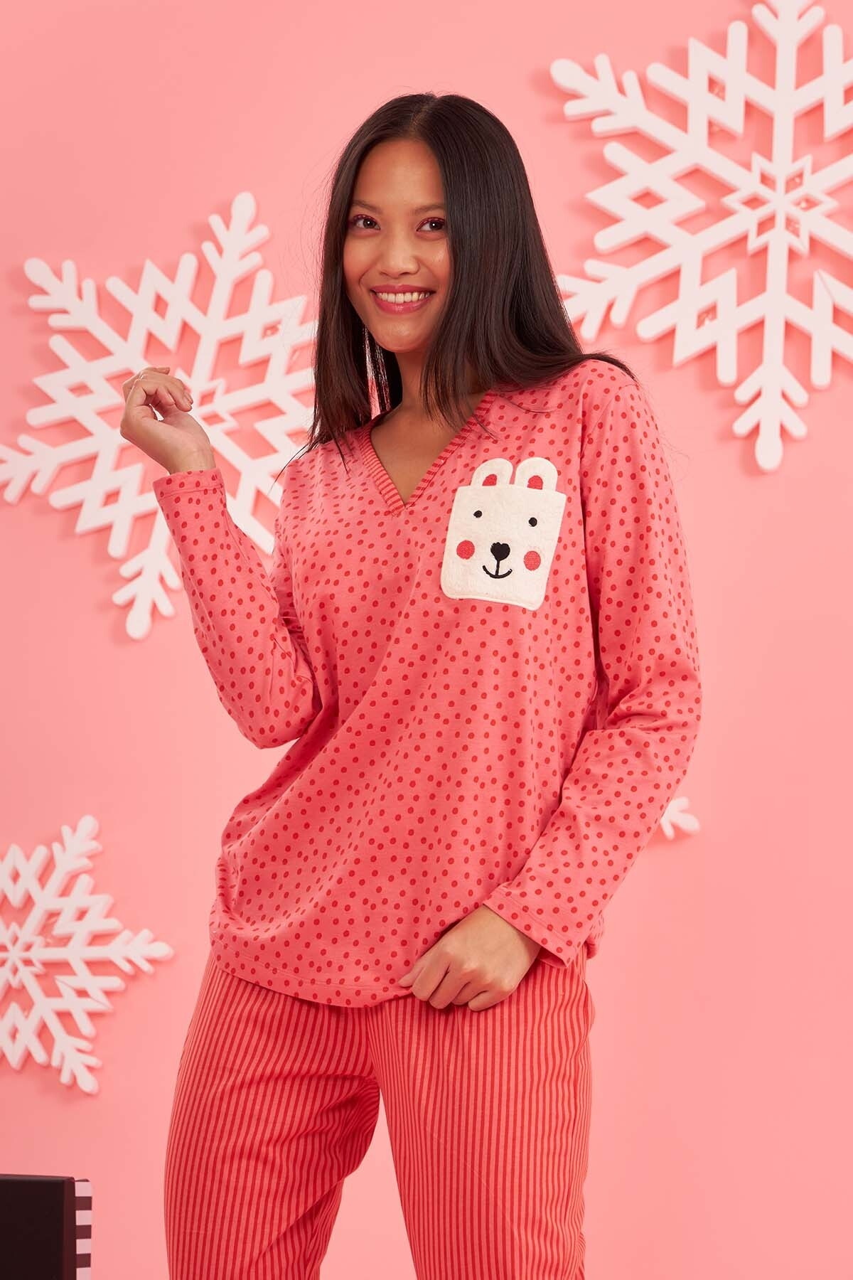 NBB Puantiyeli V Yaka Kadın Pijama Takımı NBB 67628