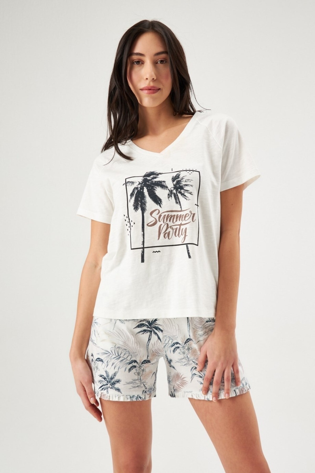 Eros Palmiye Desenli Pamuklu Kısa Kollu Kadın Şort Pijama Takımı Eros 30762 - Görsel 2
