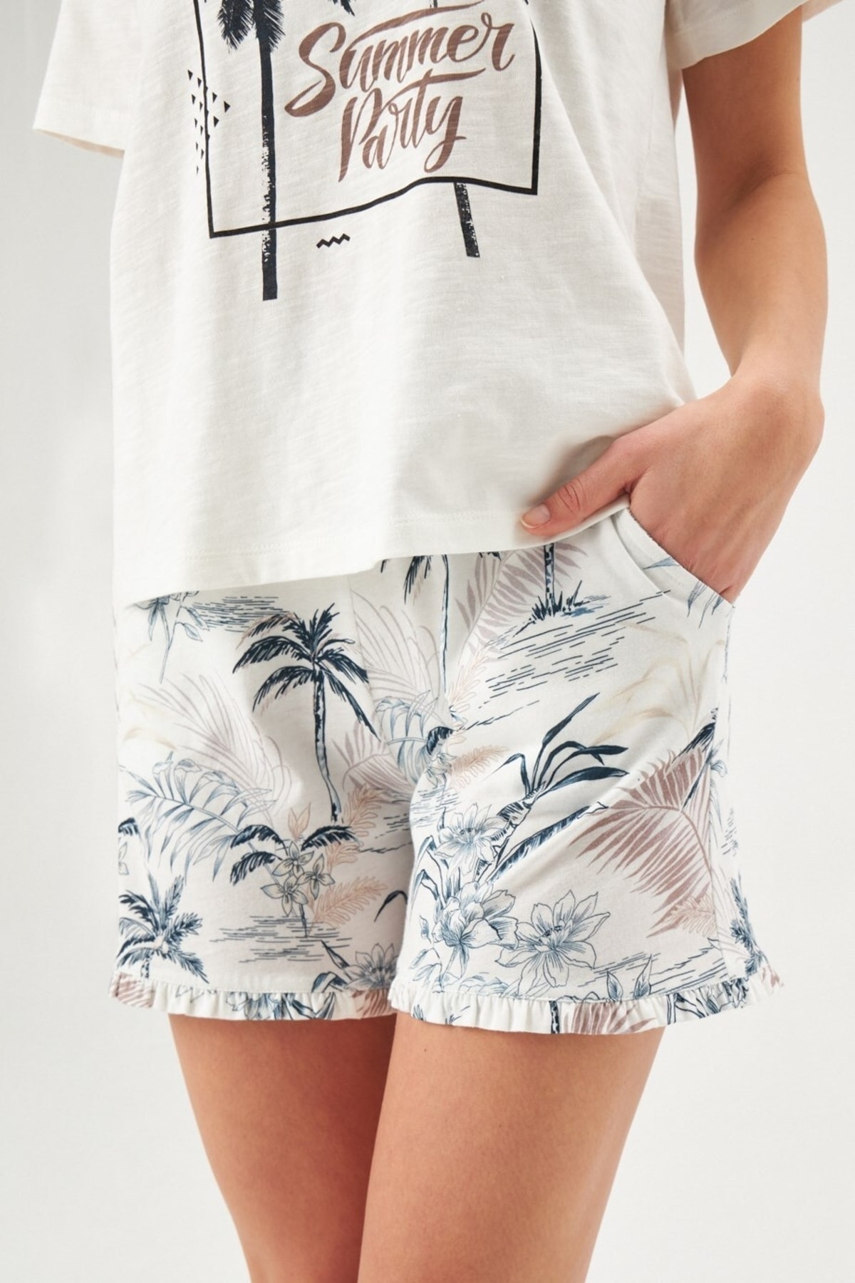 Eros Palmiye Desenli Pamuklu Kısa Kollu Kadın Şort Pijama Takımı Eros 30762 - Görsel 5