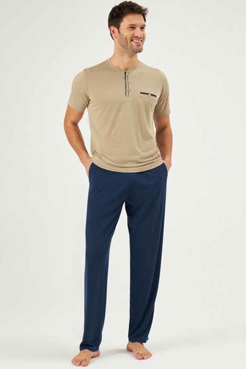 Patlı Bej Renk Yazlık Pijama Takım Esnek Yapı Eros 30170 - Bej