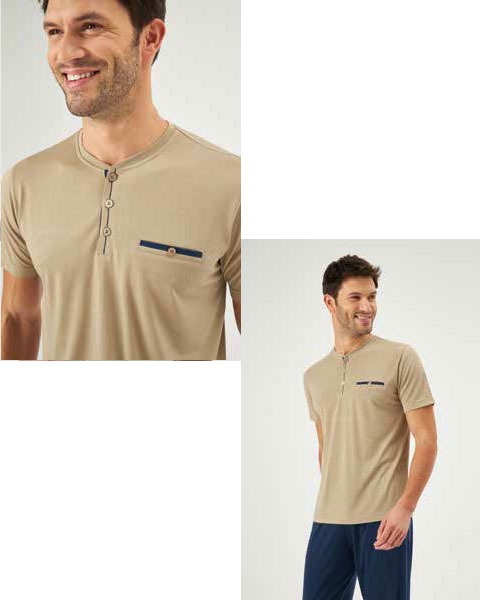 Patlı Bej Renk Yazlık Pijama Takım Esnek Yapı Eros 30170 - Bej