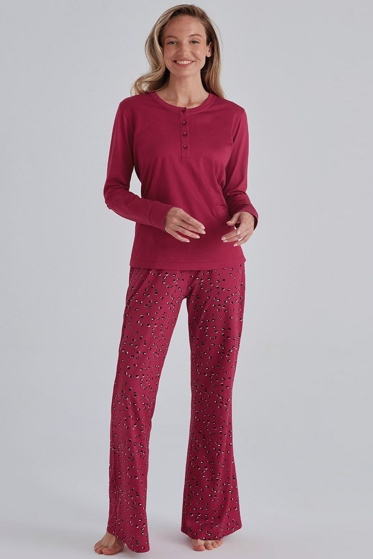 Eros Uzun Kollu Patlı Kırmızı Kadın Pijama Takımı Eros 31532