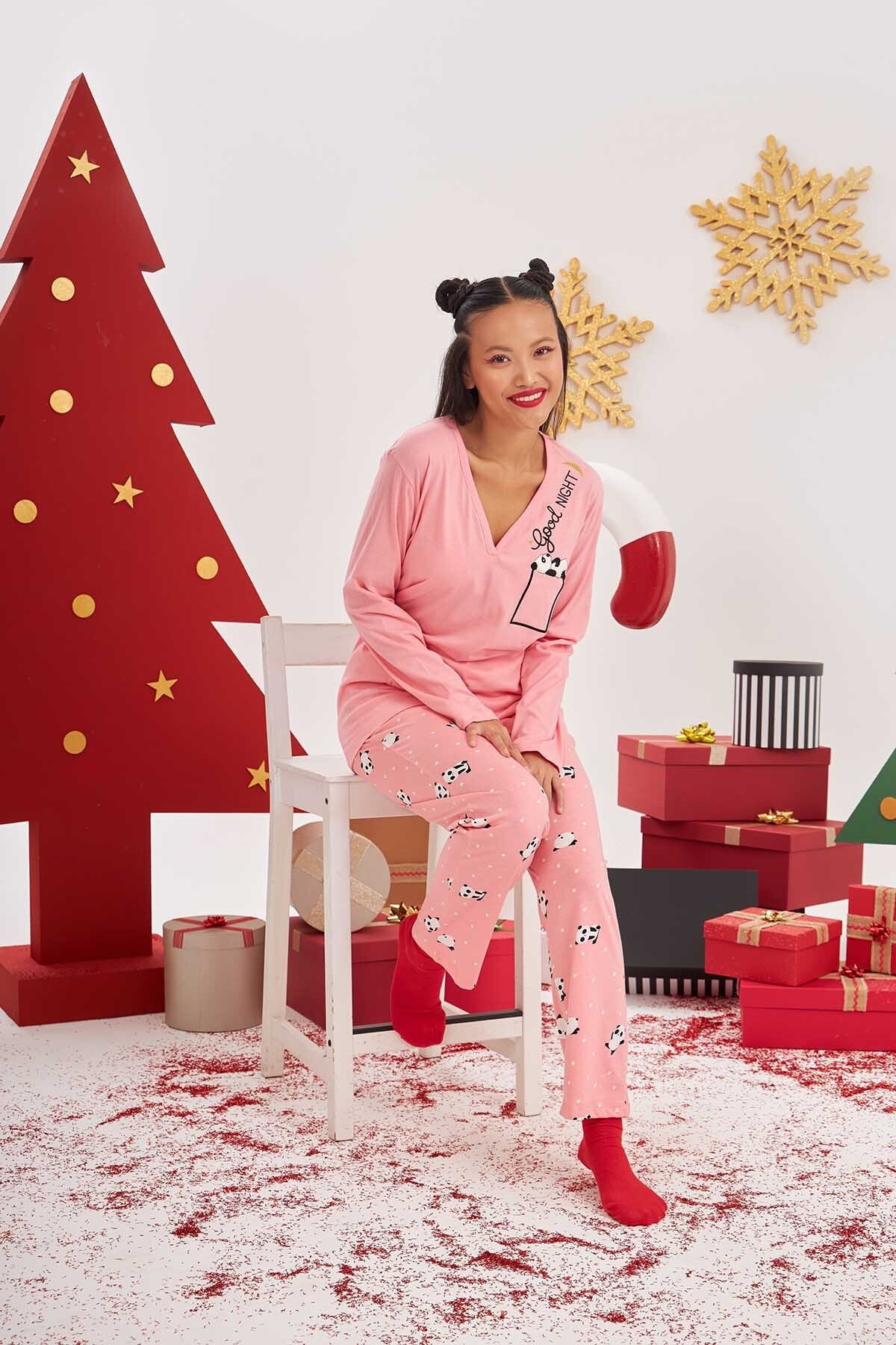 NBB Pembe Pandalı V Yaka Kadın Pijama Takımı NBB 67657