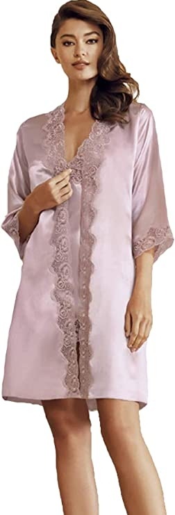 Saten Dokulu 6'lı Gecelik Sabahlık Takım Perin 8050 - Pudra