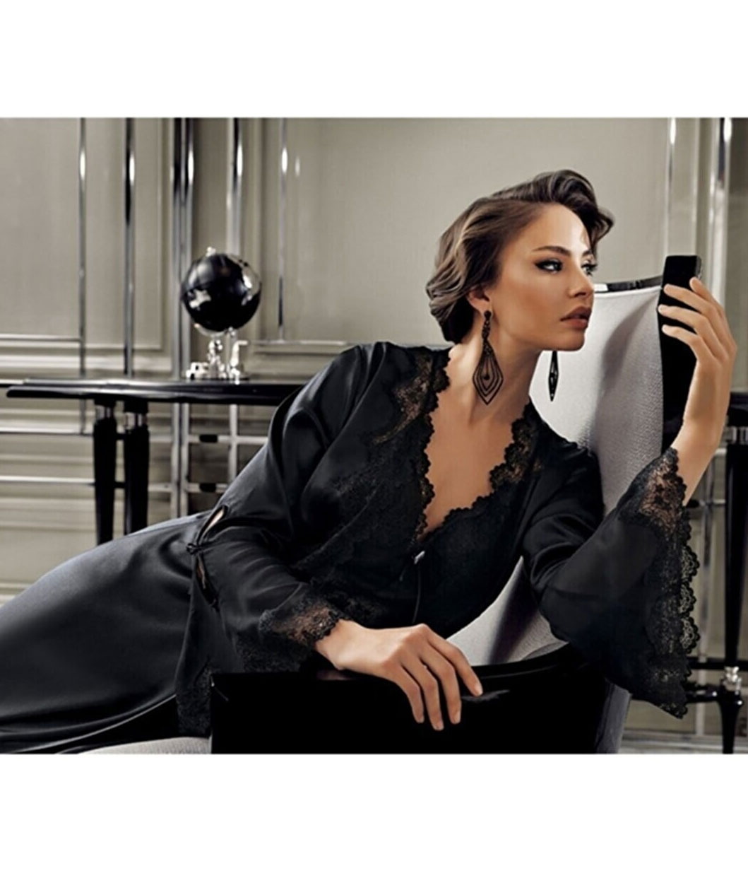 Saten Güpür Detaylı Gelin Çeyiz Seti Perin 9200 - Siyah