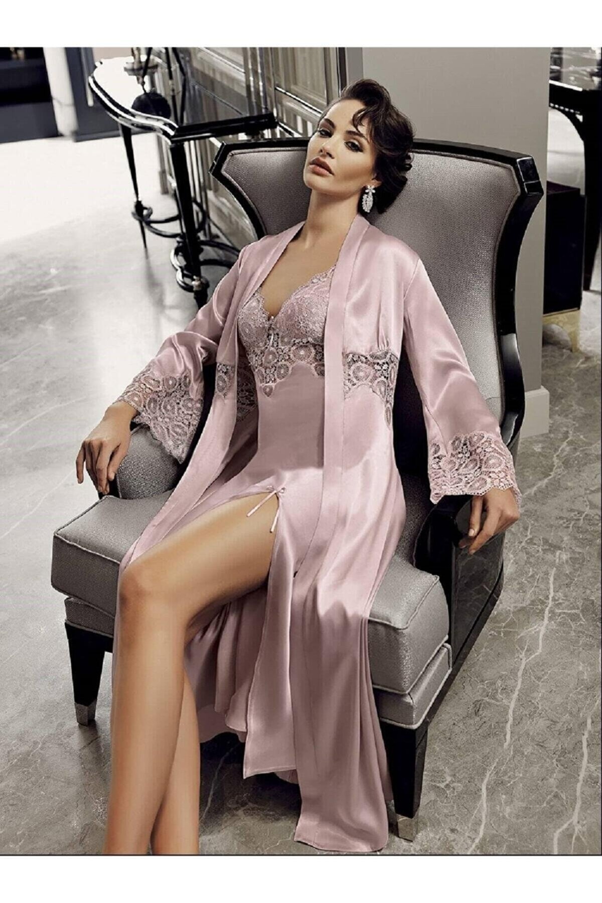 Saten Güpür Detaylı Gelin Çeyiz Seti Perin 9200 - Pudra