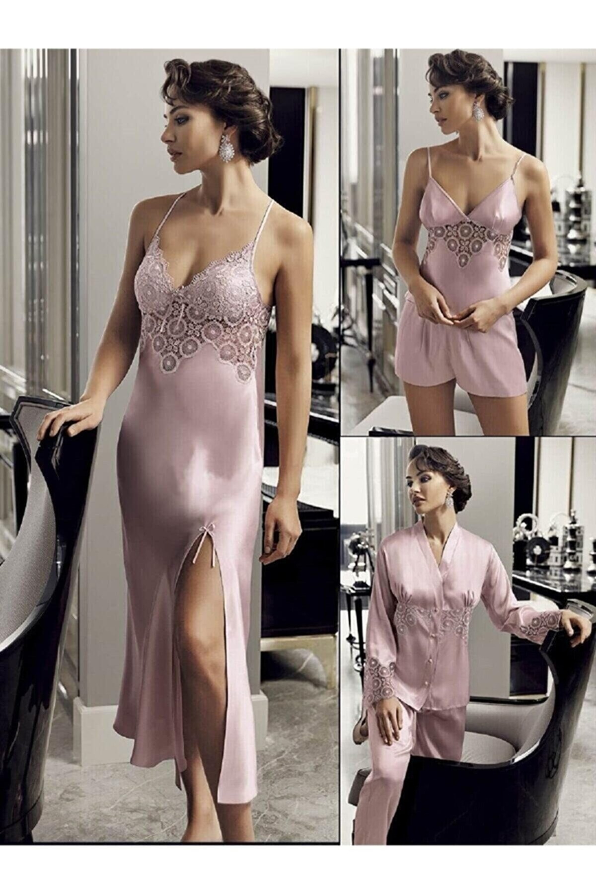 Saten Güpür Detaylı Gelin Çeyiz Seti Perin 9200 - Pudra