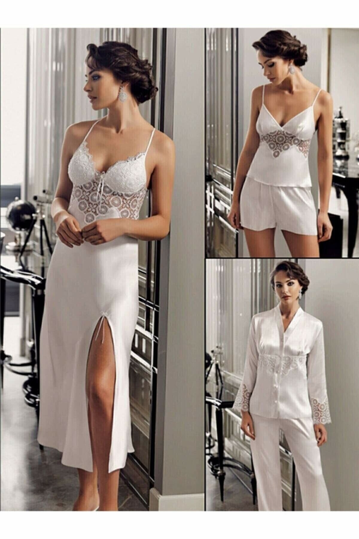 Saten Güpür Detaylı Gelin Çeyiz Seti Perin 9200 - Ekru