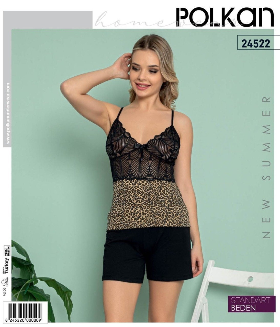 Leopar Desenli İnce Askılı Şortlu Pijama Takımı Polkan 24522 - Görsel