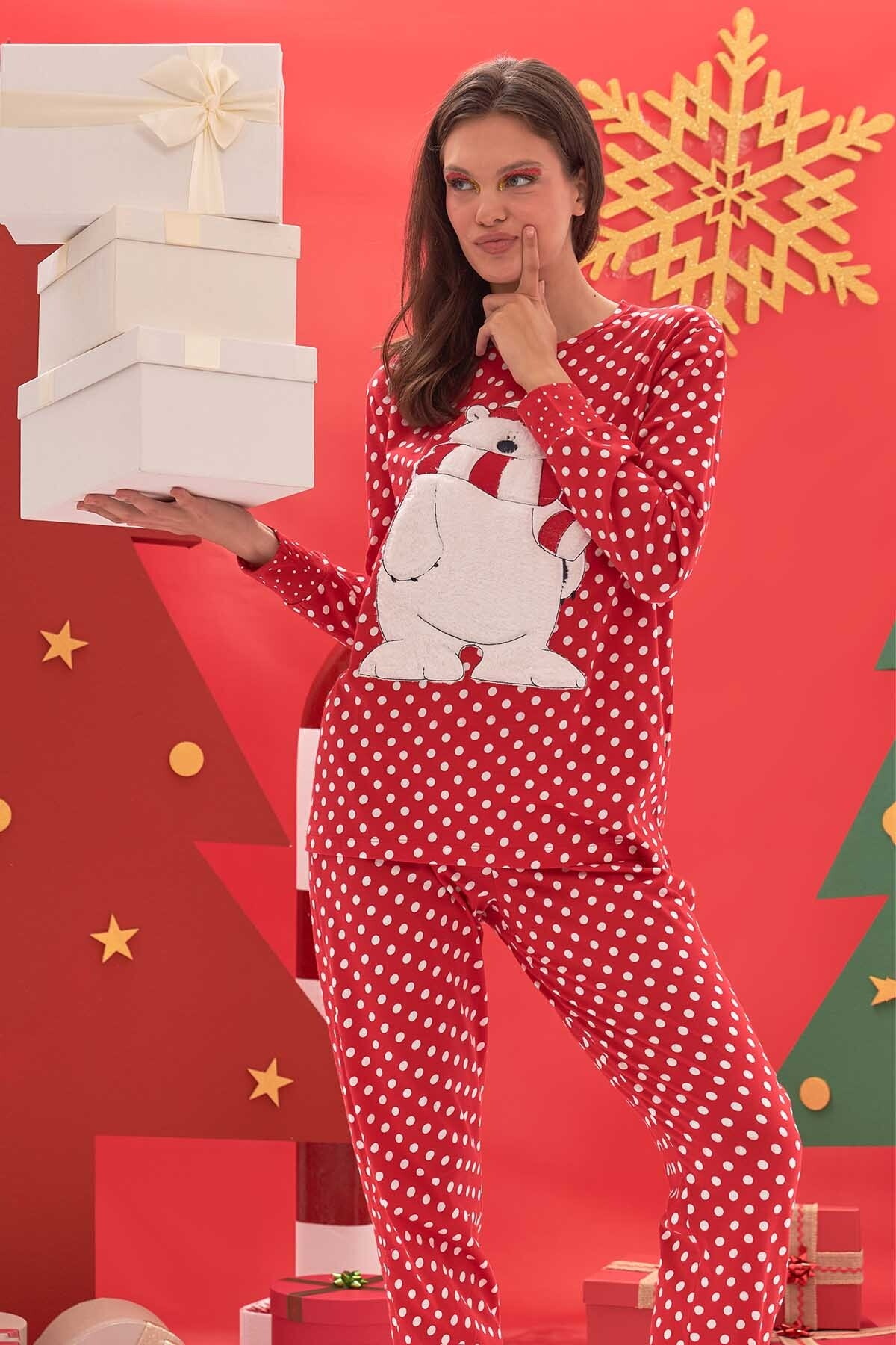 NBB Puantiyeli Uzun Kollu Kadın Pijama Takımı NBB 67648 - Görsel 3