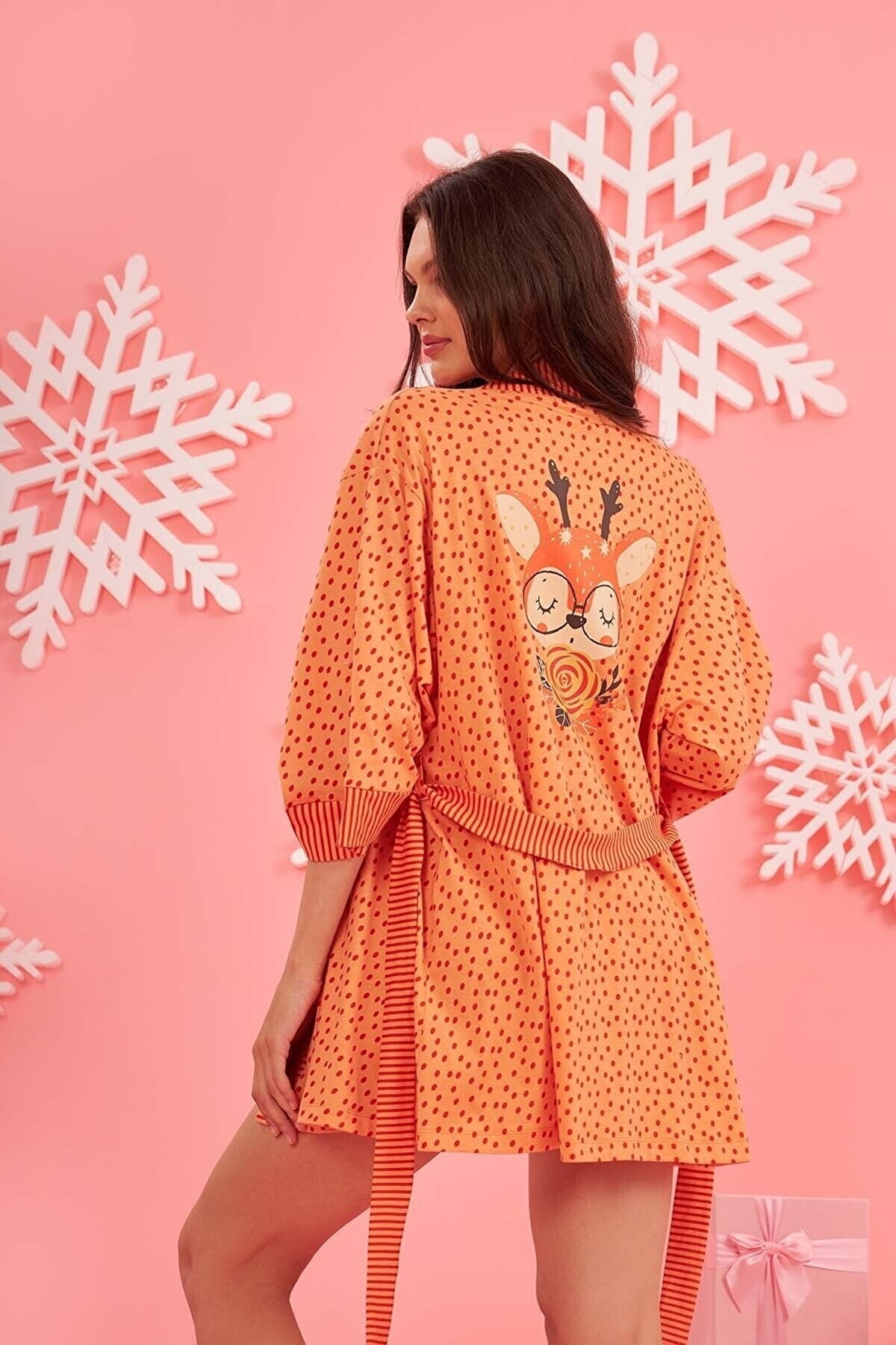 NBB Puantiyeli Turuncu Pamuk Kadın Sabahlık NBB 27637 - Görsel 2