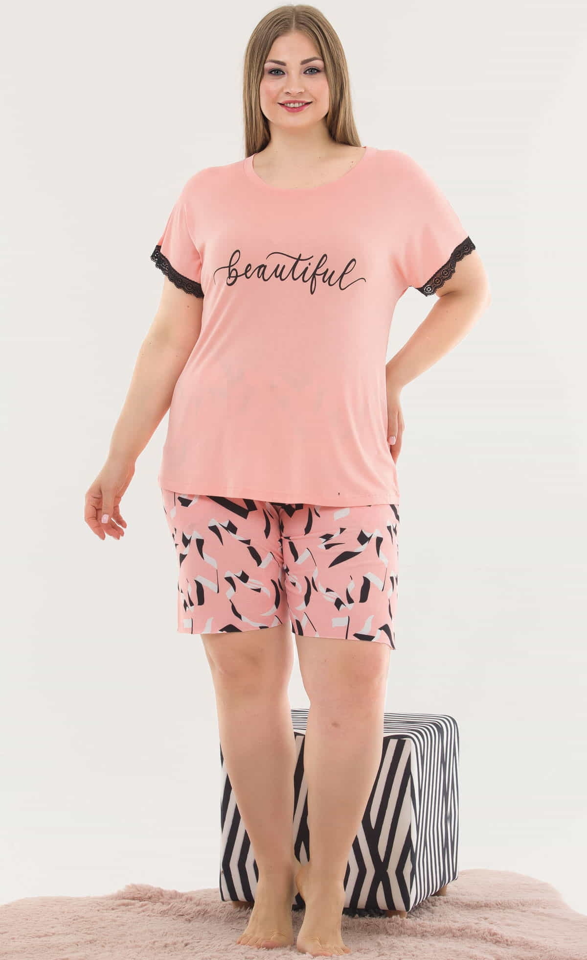 Lady Somon Pamuklu Şort Pijama Takım Battal Lady 10360