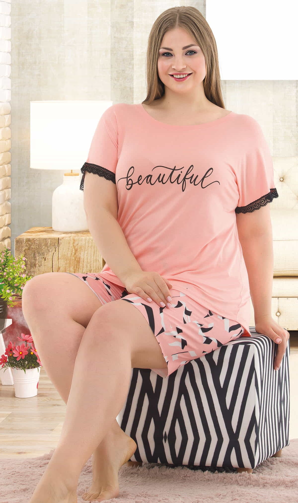 Lady Somon Pamuklu Şort Pijama Takım Battal Lady 10360 - Görsel 2