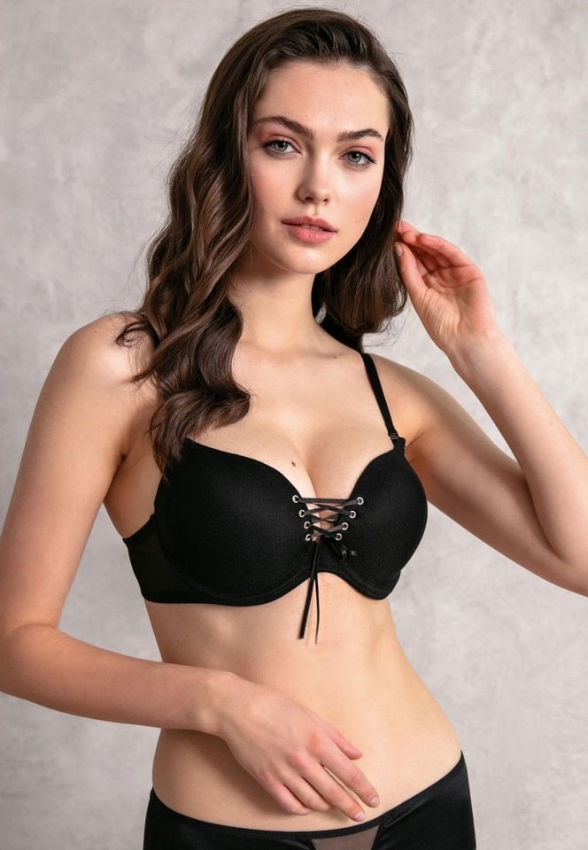 Balenli Destekli Dolgulu Askıları Çıkabilen Yaka Detaylı T-Shirt Sütyeni Anıl 3773 - Siyah