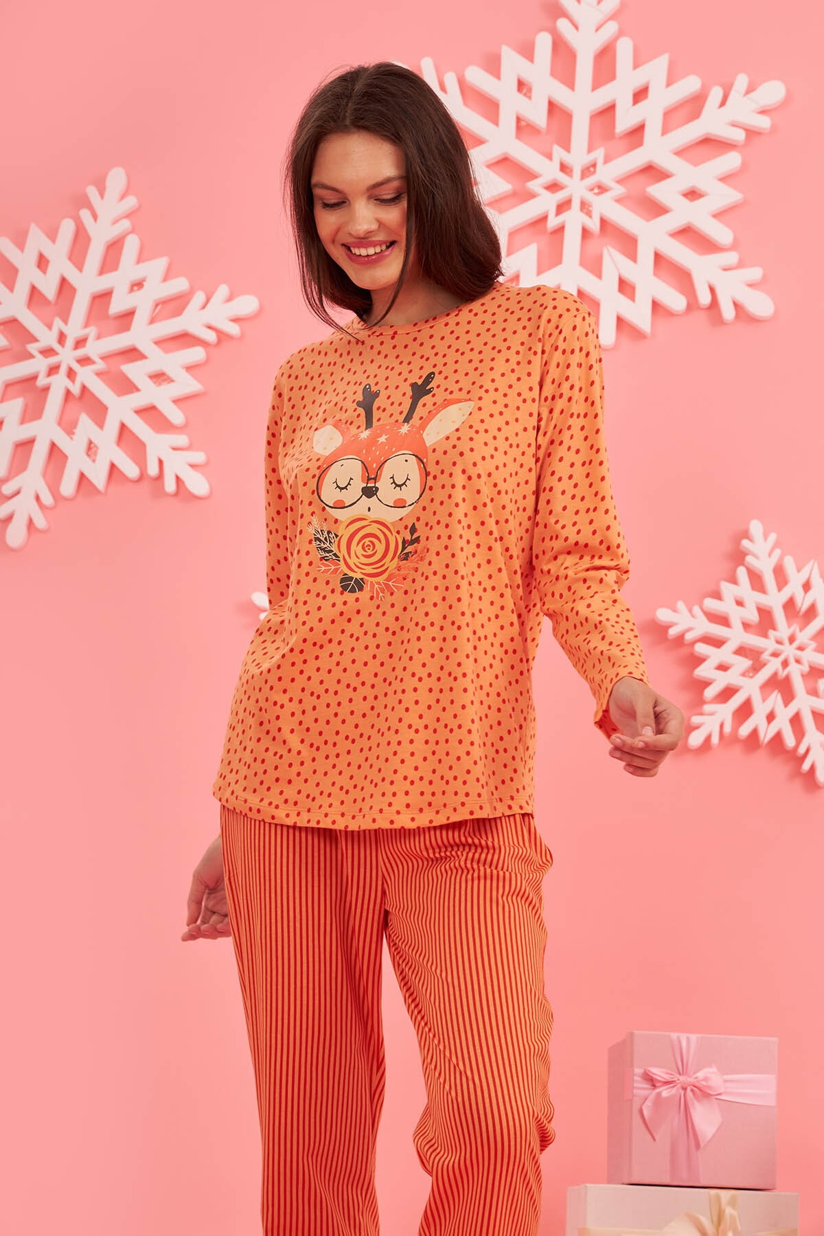 NBB Pamuklu Çizgili Puantiyeli Kadın Pijama Takımı NBB 67636 - Görsel 3