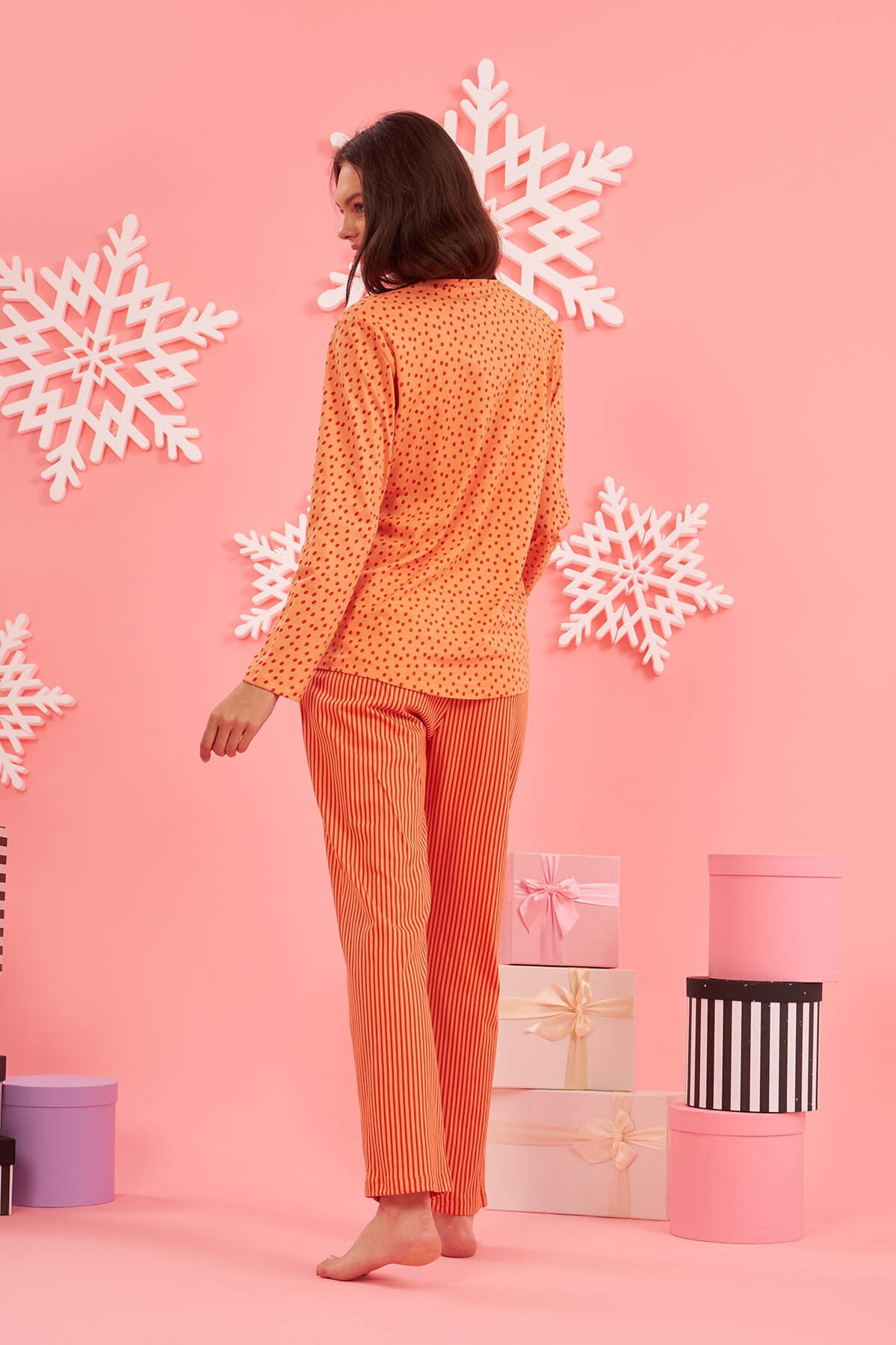 NBB Pamuklu Çizgili Puantiyeli Kadın Pijama Takımı NBB 67636 - Görsel 4