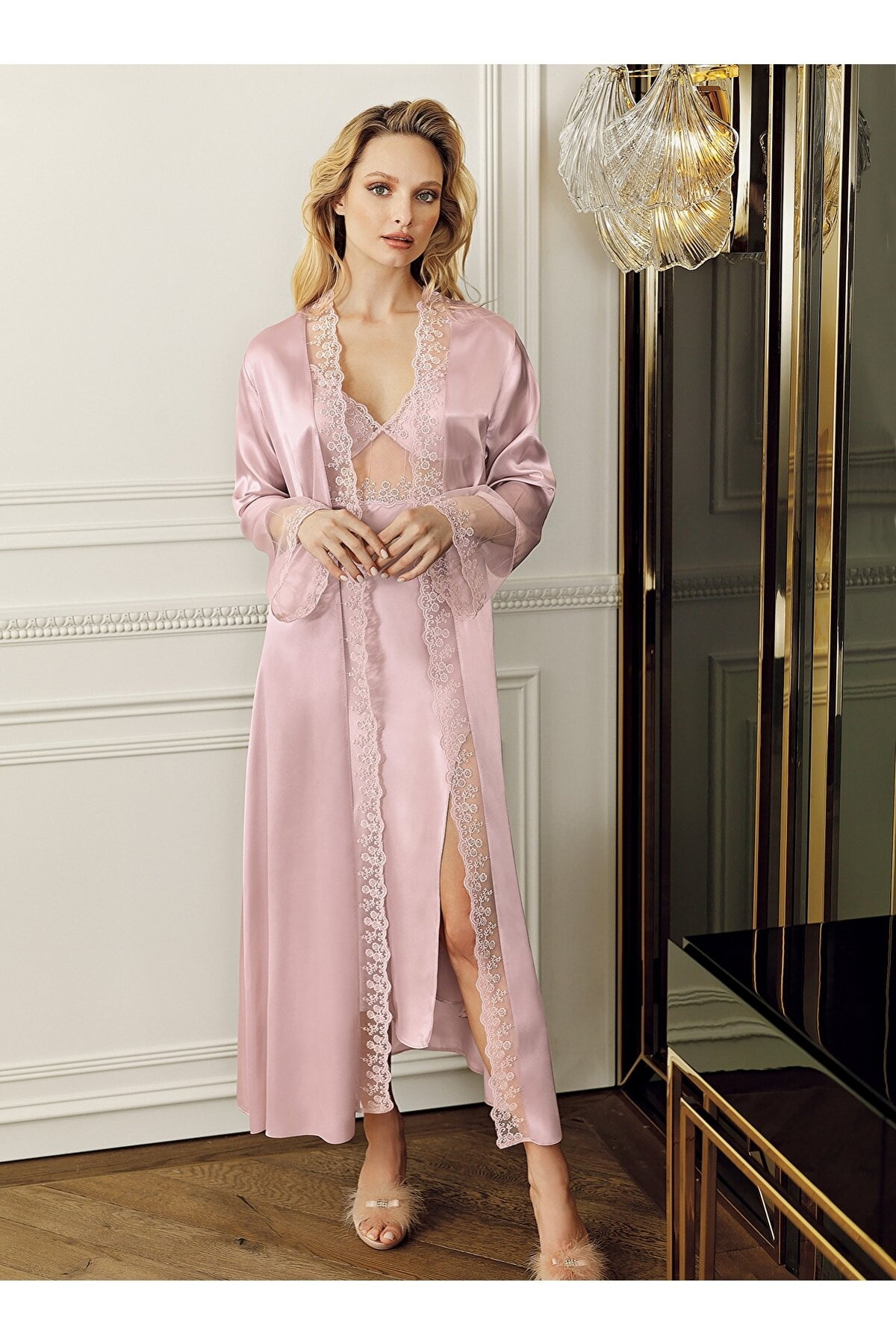 Perin Uzun Derin Yırtmaçlı Saten Gecelik Sabahlık 2Li Perin 4020 - Görsel 7