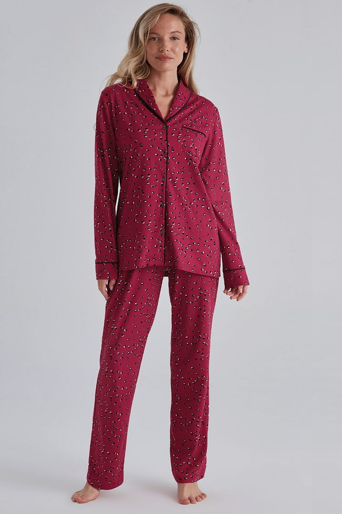 Eros Uzun Kollu Kırmızı Gömlek Yaka Kadın Pijama Takım Eros 31530