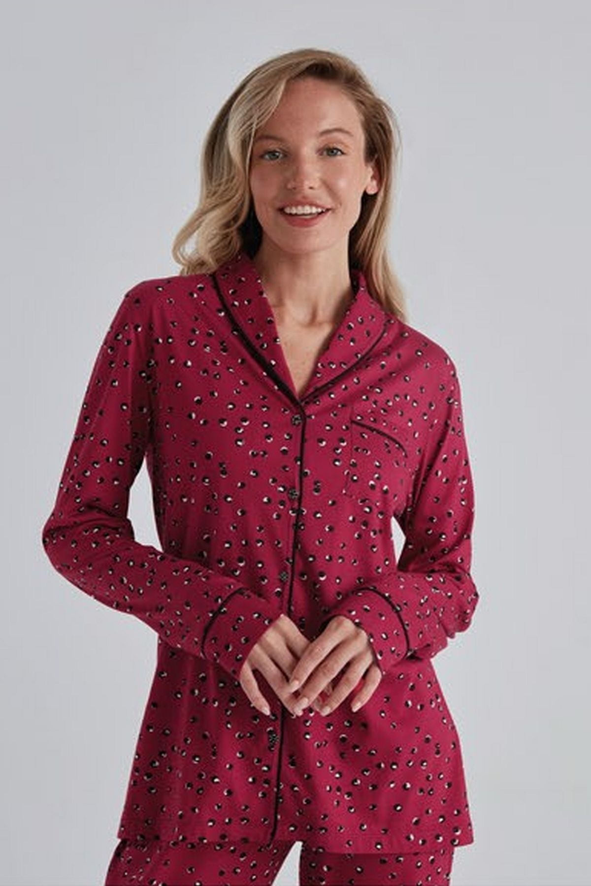 Eros Uzun Kollu Kırmızı Gömlek Yaka Kadın Pijama Takım Eros 31530 - Görsel 2