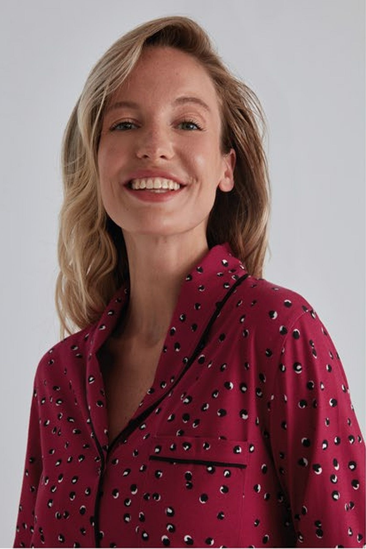 Eros Uzun Kollu Kırmızı Gömlek Yaka Kadın Pijama Takım Eros 31530 - Görsel 3