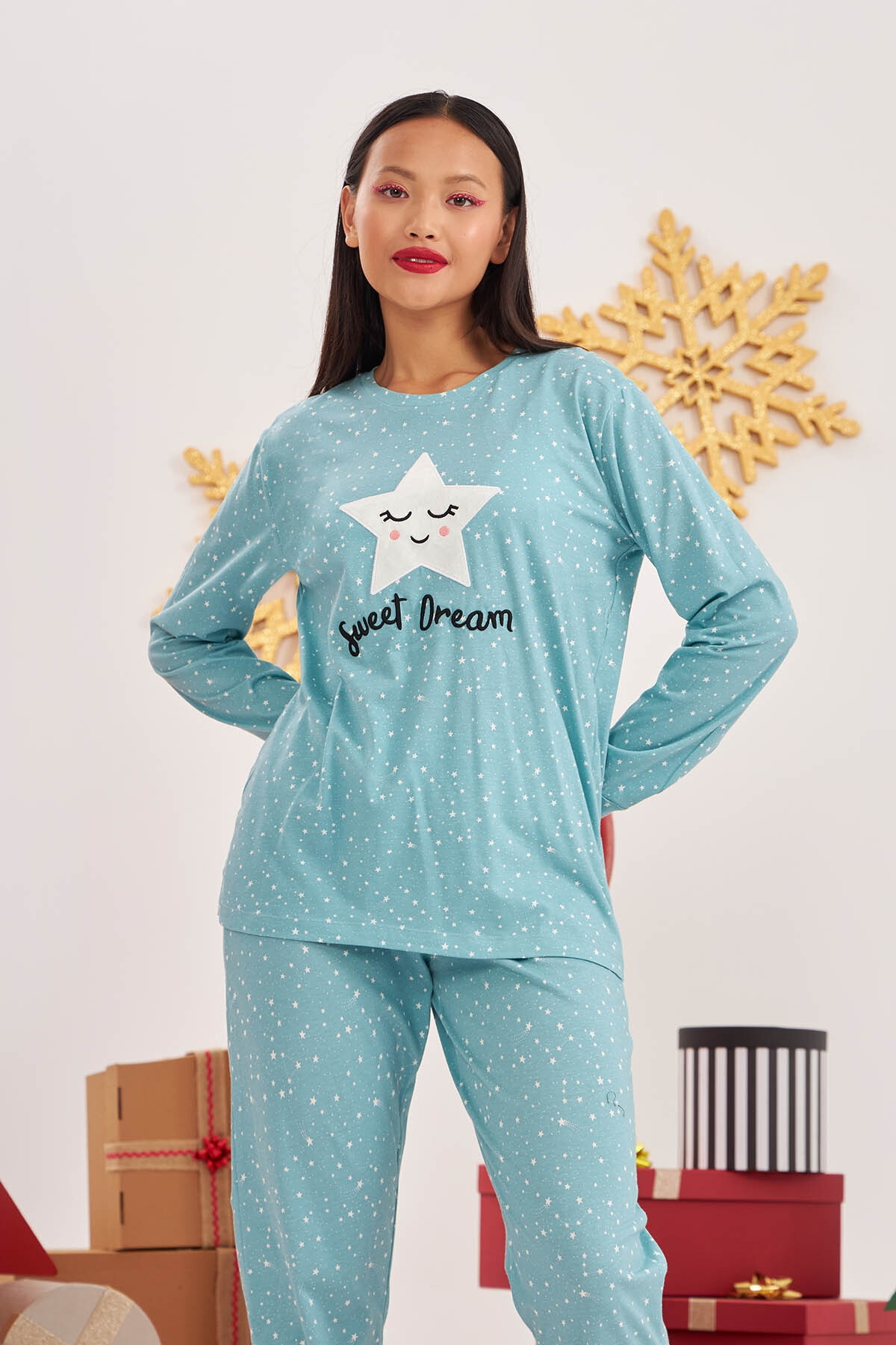 NBB Pamuklu Uzun Kollu Yıldızlı Pijama Takımı NBB 67550 - Görsel 2