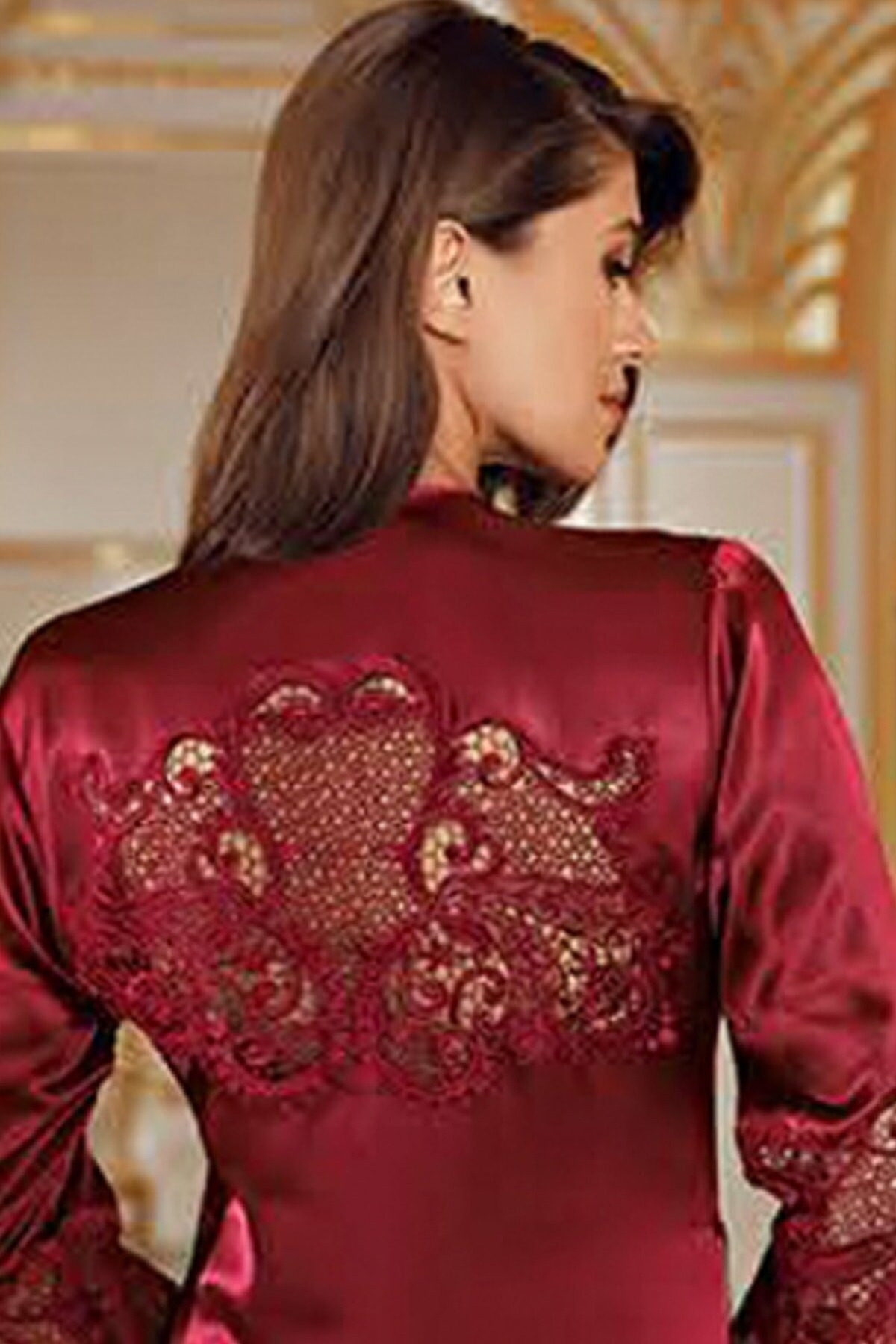 Perin Uzun Saten Gecelik Sabahlık Çeyiz Takımı Parlak Doku Perin 4004 - Görsel 3