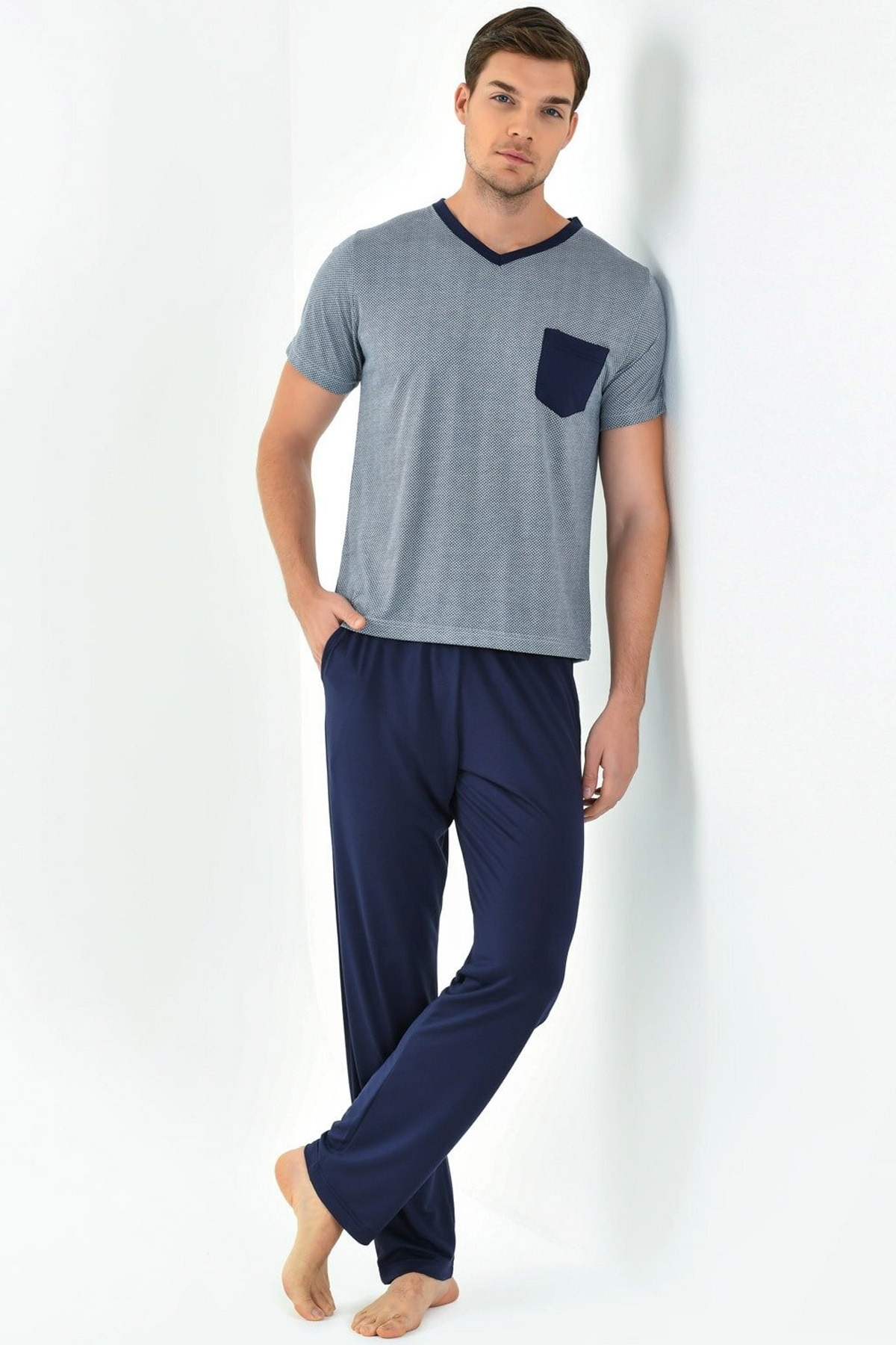Yumuşak Penye V Yaka Erkek Pijama Takımı Yeni İnci 798 - Lacivert
