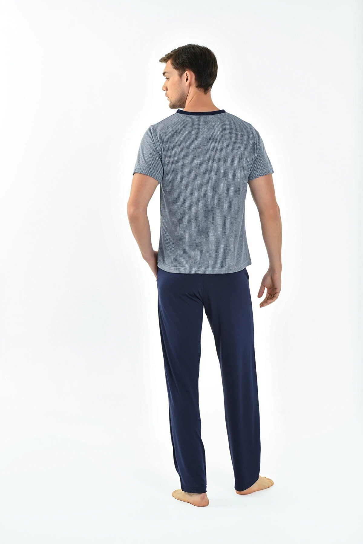 Yumuşak Penye V Yaka Erkek Pijama Takımı Yeni İnci 798 - Lacivert