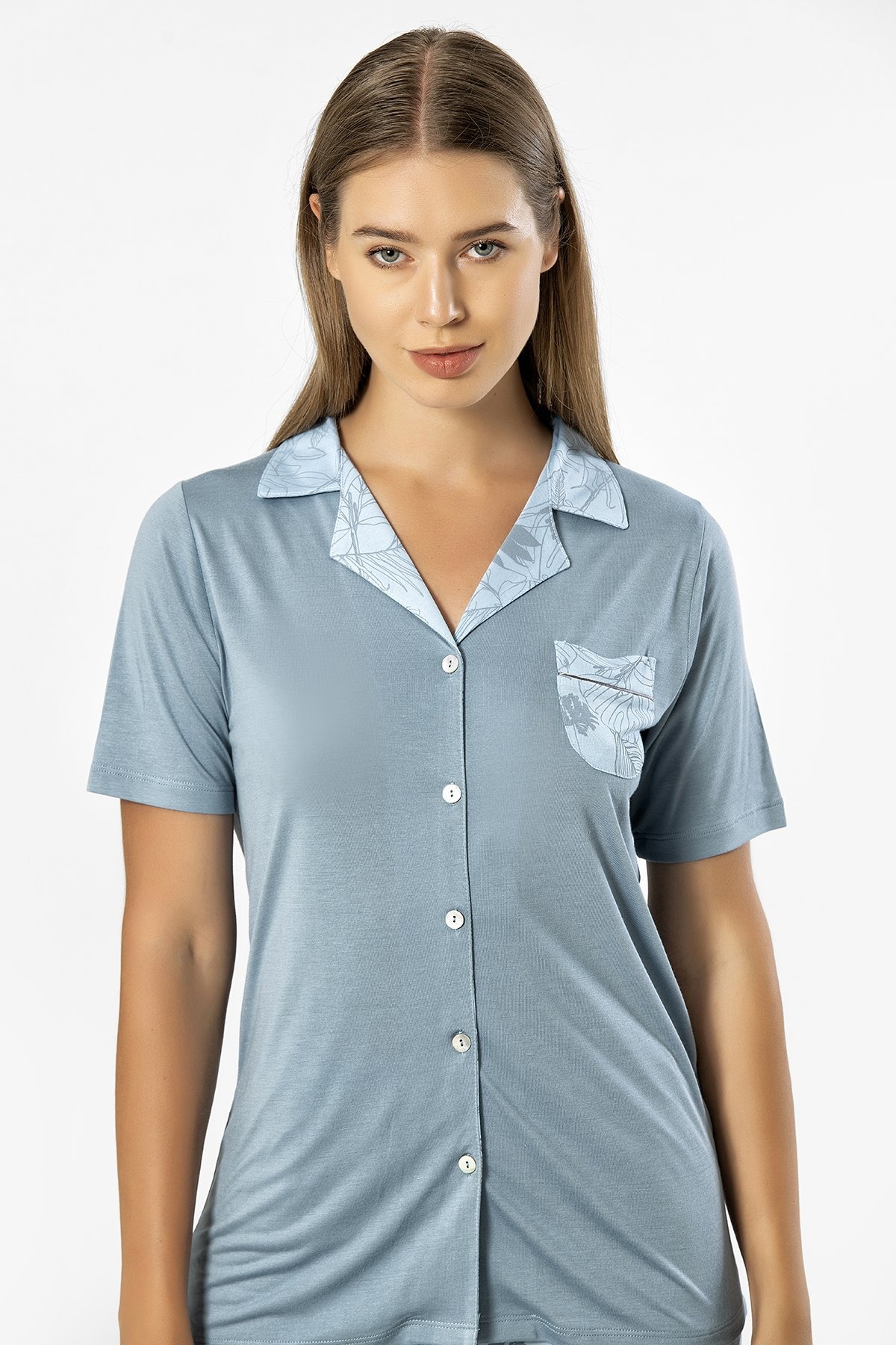 Mavi Gömlek Yaka Kısa Kollu Kadın Pijama Takımı Türen 3376 - Mavi