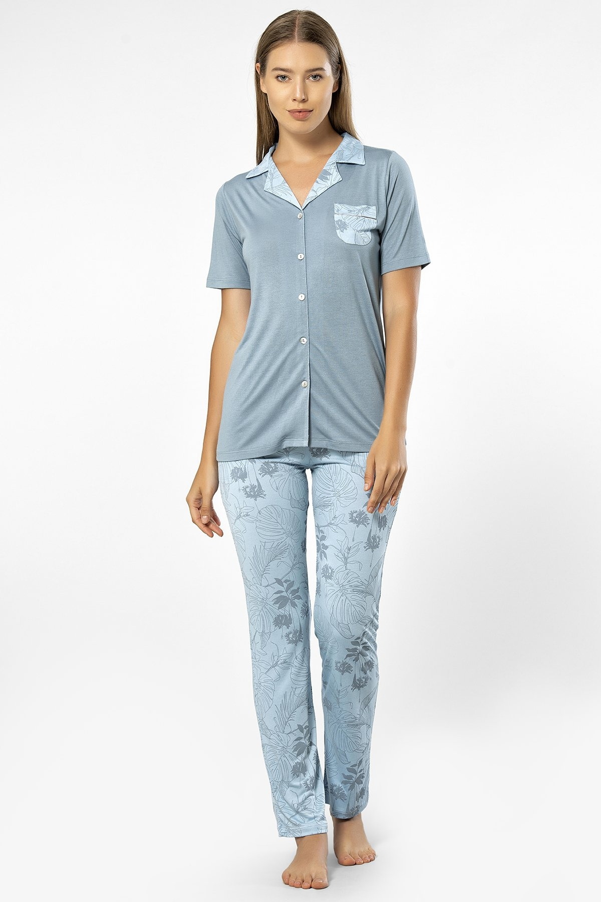 Mavi Gömlek Yaka Kısa Kollu Kadın Pijama Takımı Türen 3376 - Mavi