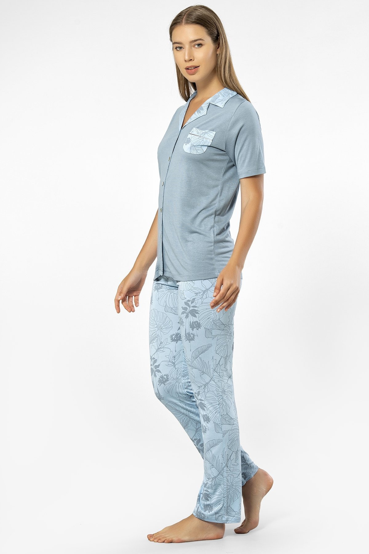 Mavi Gömlek Yaka Kısa Kollu Kadın Pijama Takımı Türen 3376 - Mavi