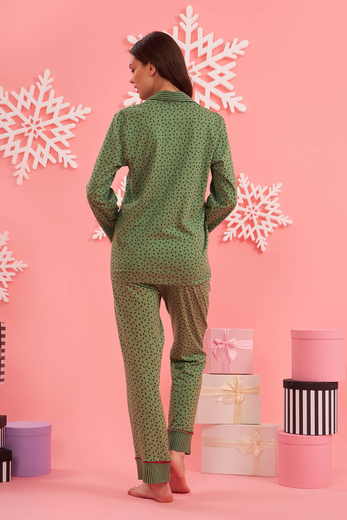 NBB Puantiyeli Gömlek Yaka Kadın Pijama Takımı NBB 67627 - Görsel 2