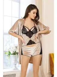 Dantelli Kadife 3'lü Pijama Takımı Sistina 1398